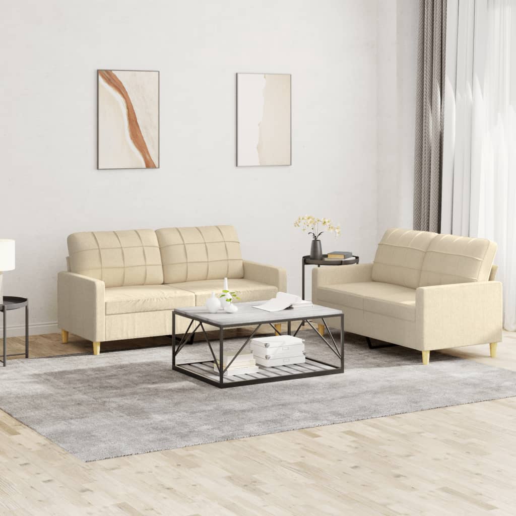 3-tlg. Sofagarnitur mit Kissen Creme Stoff