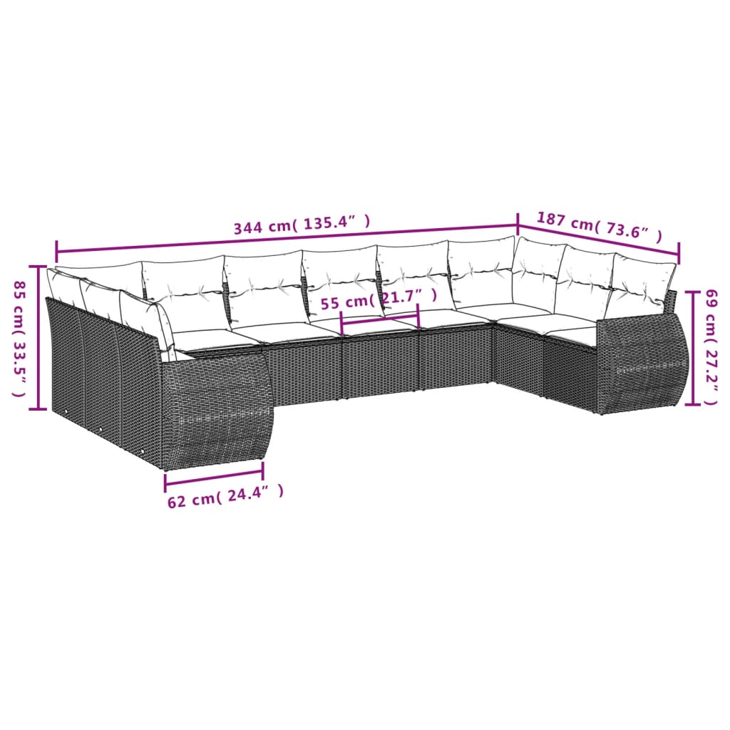 10-teiliges Gartensofa-Set mit Kissen, schwarzes Polyrattan