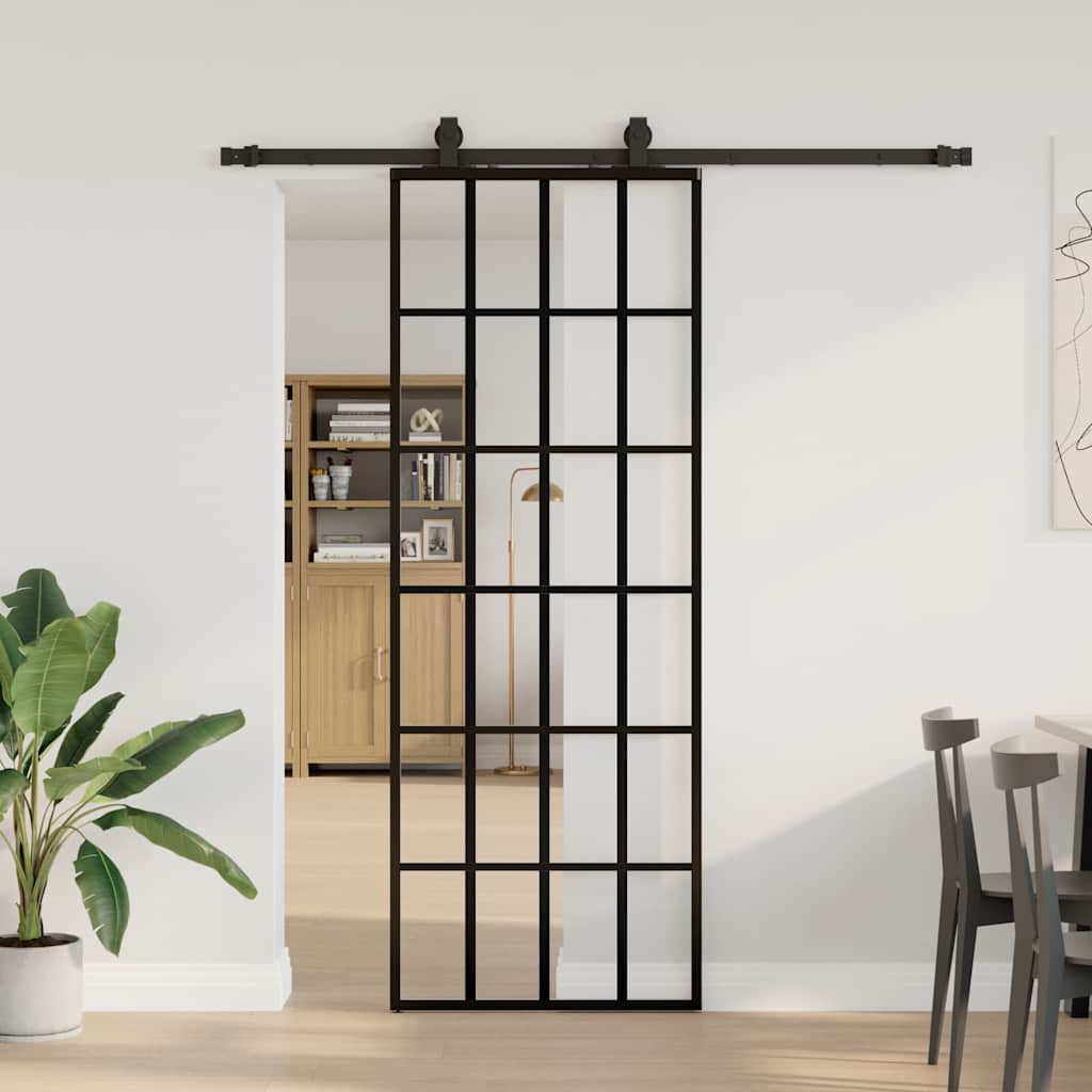 Schiebetür mit Beschlag Schwarz 76x205 cm ESG-Glas