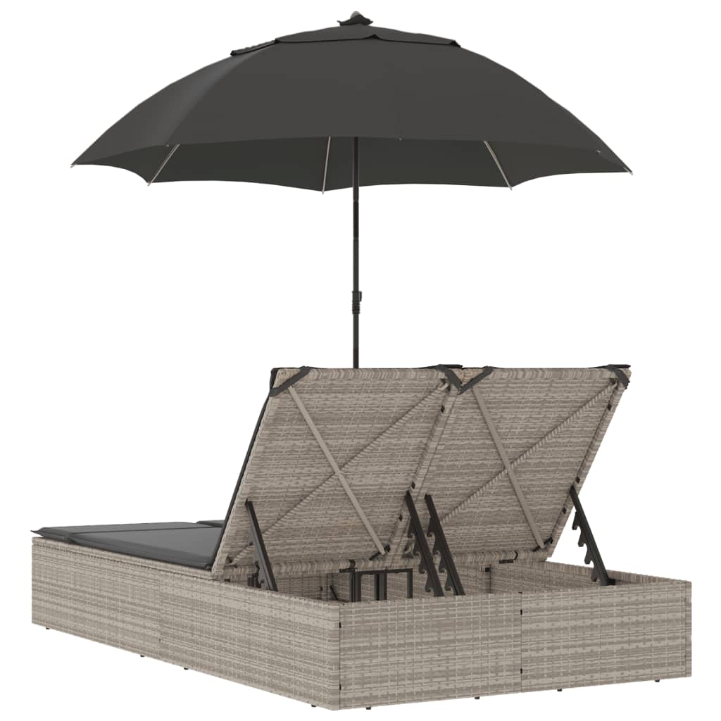 Doppel-Sonnenliege mit Kissen&Sonnenschirm Schwarz Poly Rattan
