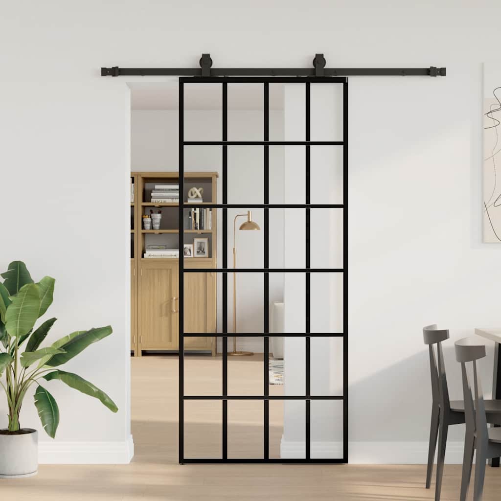 Schiebetür mit Beschlag Schwarz 76x205 cm ESG-Glas