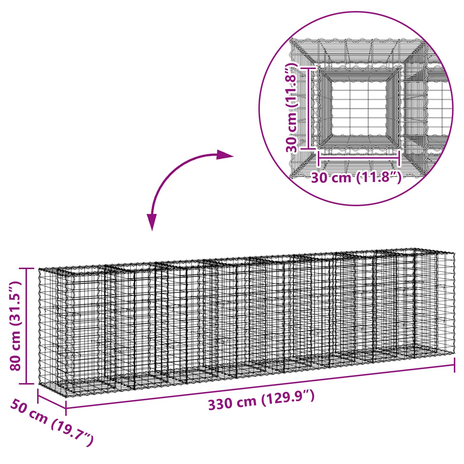 Gabionen Hochbeet 2 pcs Silber 260 x 60 x 55 cm