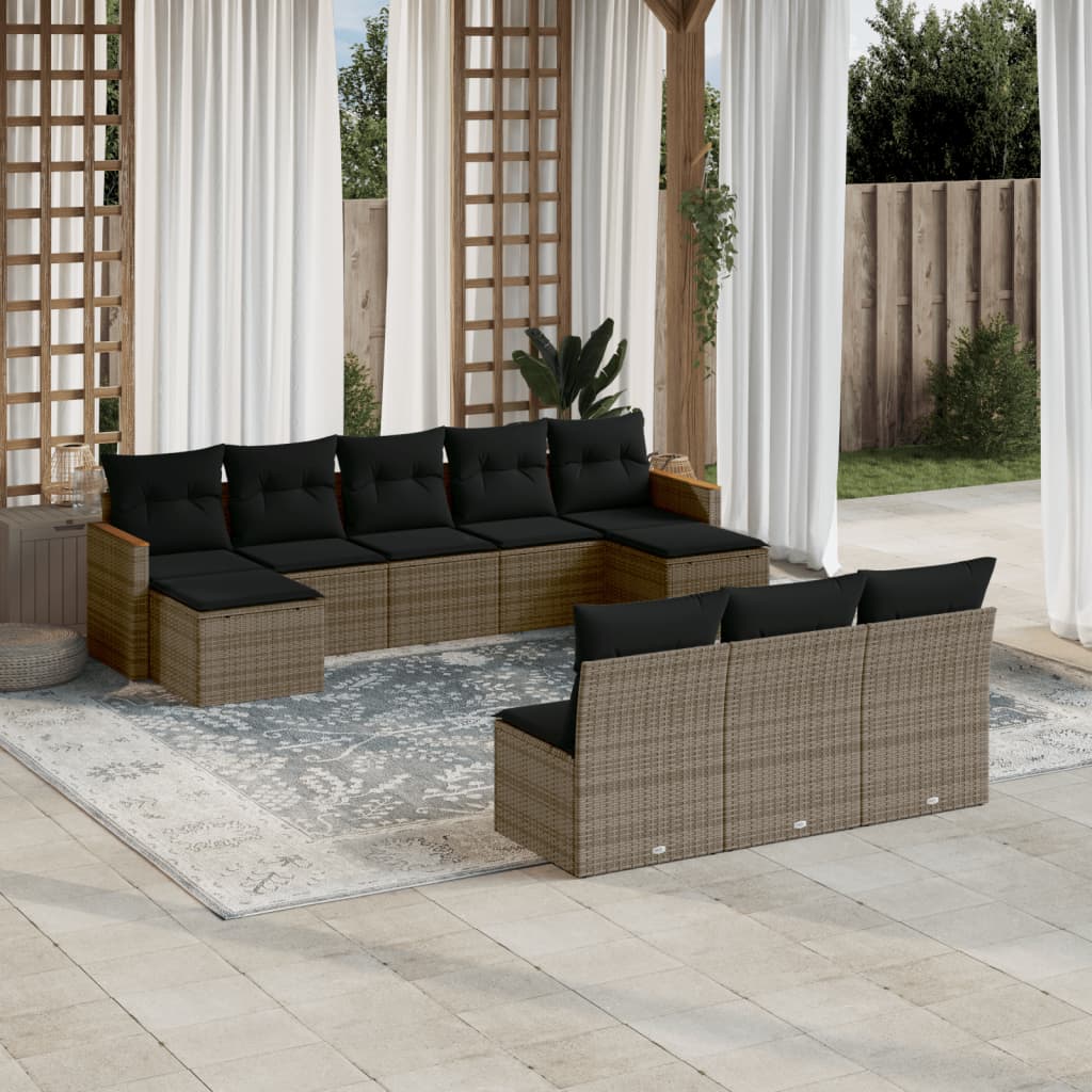10-tlg. Garten-Sofagarnitur mit Kissen Schwarz Poly Rattan