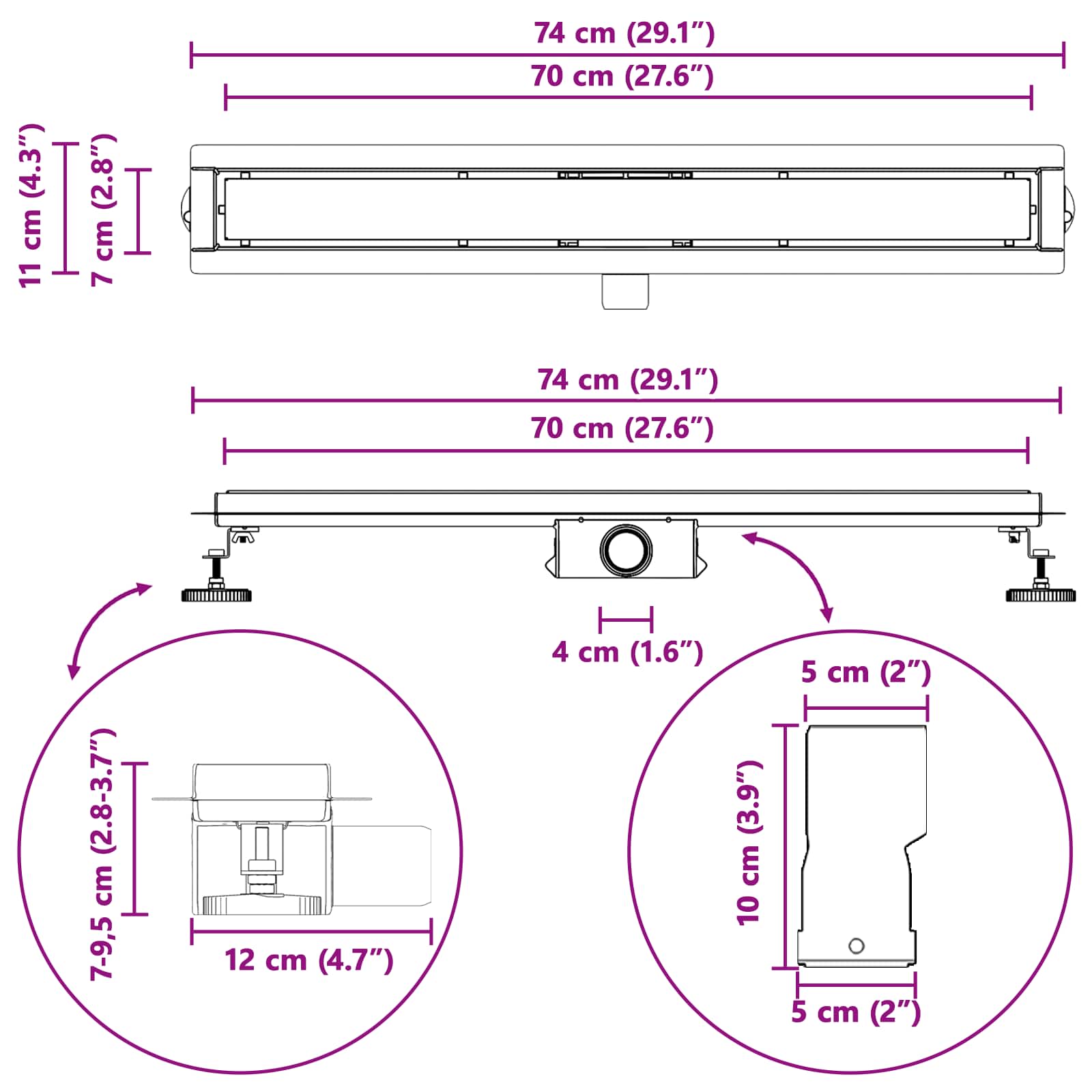 Duschabfluss mit Glasabdeckung Schwarz 50 cm Edelstahl 304