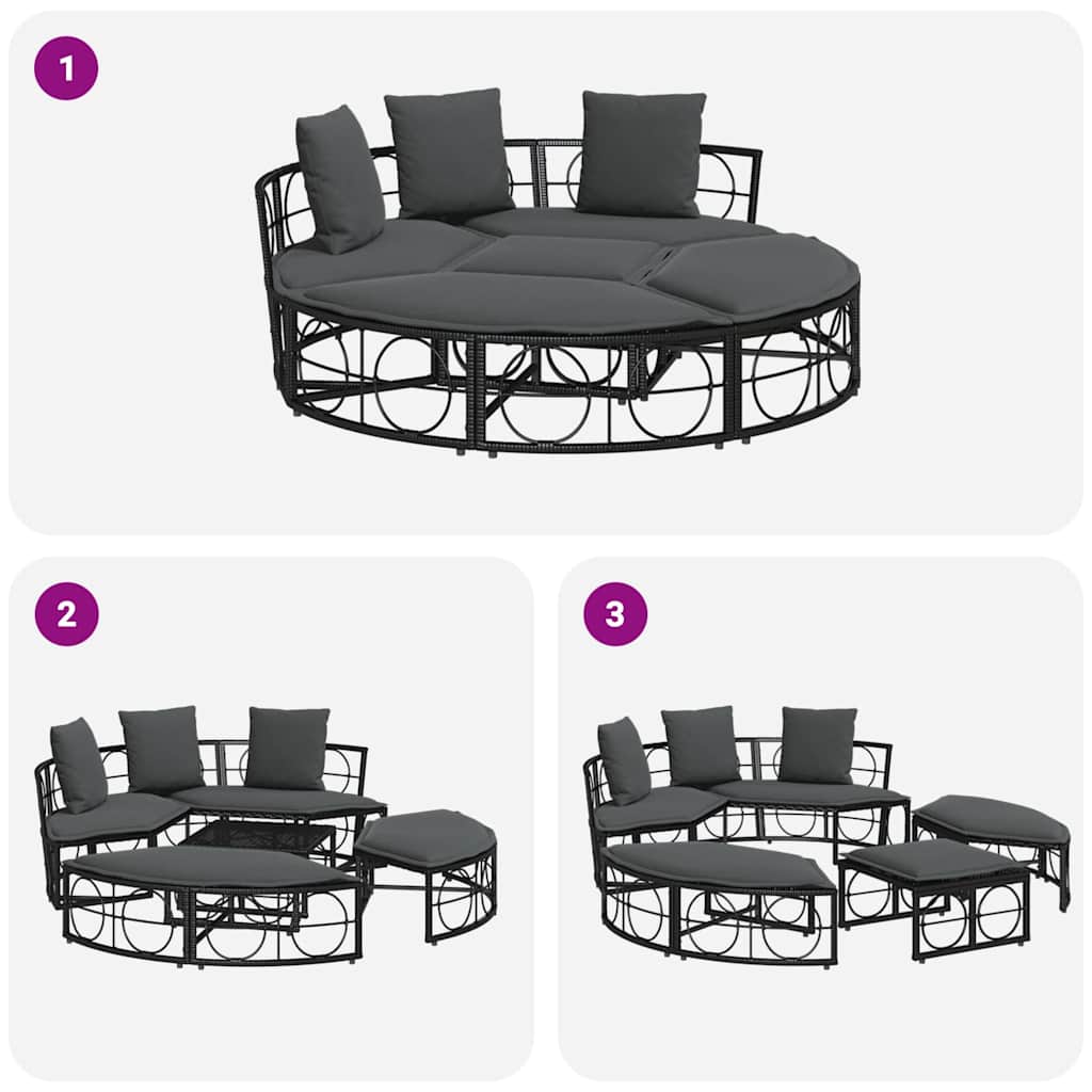 Outdoor-Loungebett mit Dach und Kissen Schwarz Poly Rattan
