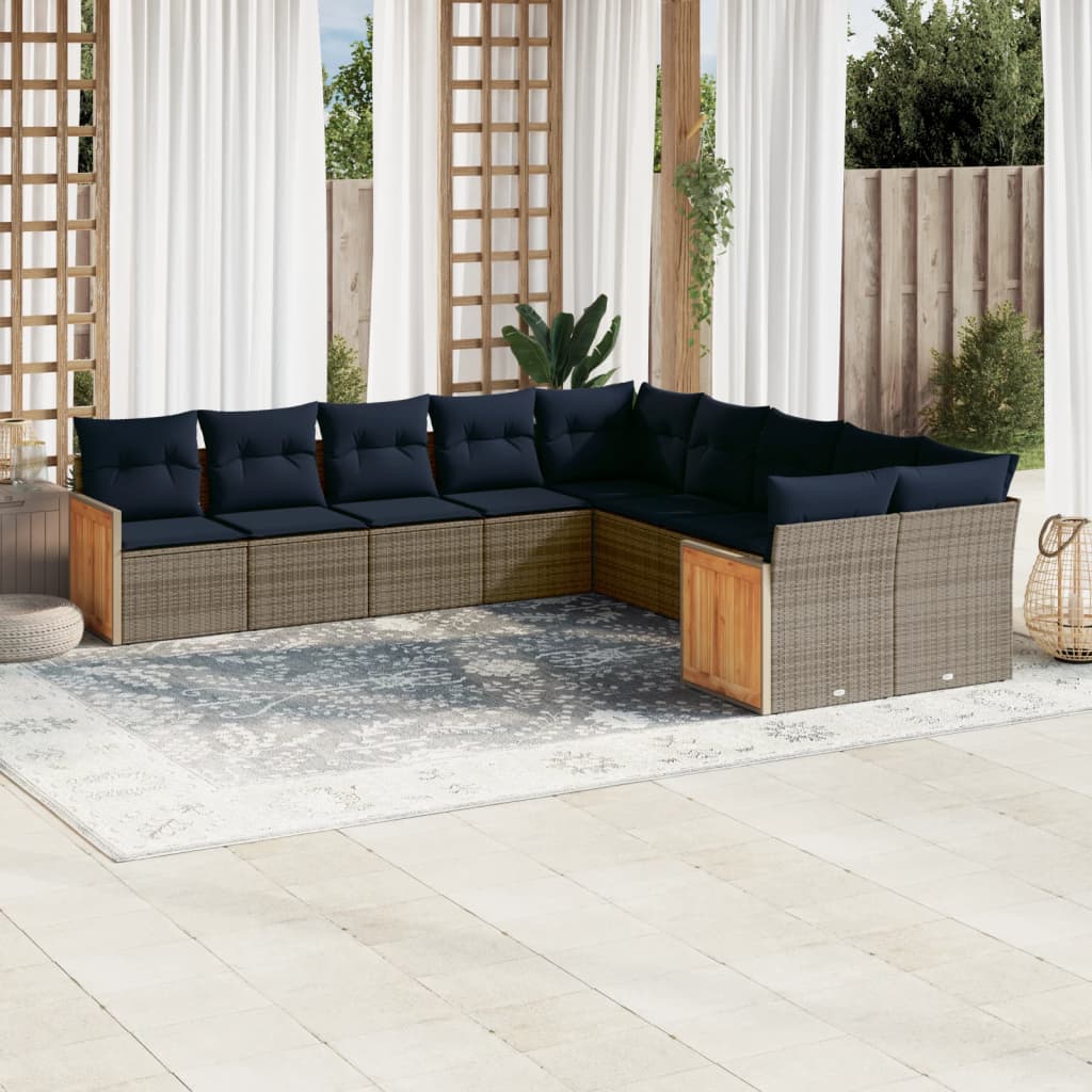 10-teiliges Gartensofa-Set mit Kissen, schwarzes Polyrattan