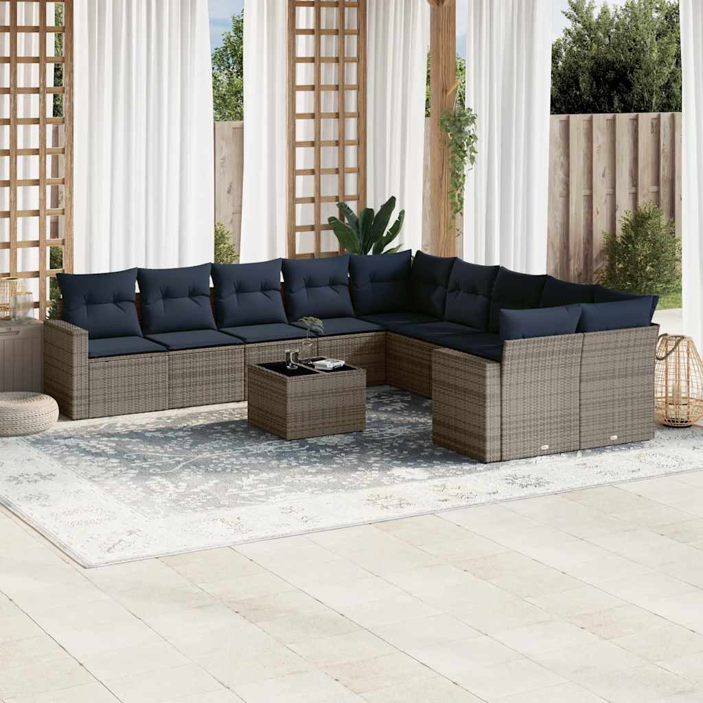 10-tlg. Garten-Sofagarnitur mit Kissen Schwarz Poly Rattan
