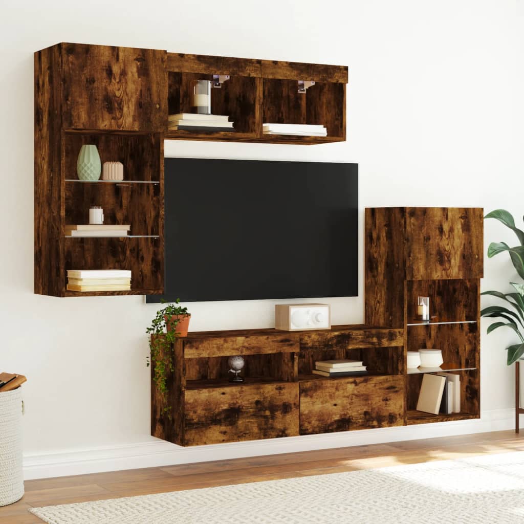 5-tlg. Wohnwand mit LED-Beleuchtung Weiß Holzwerkstoff