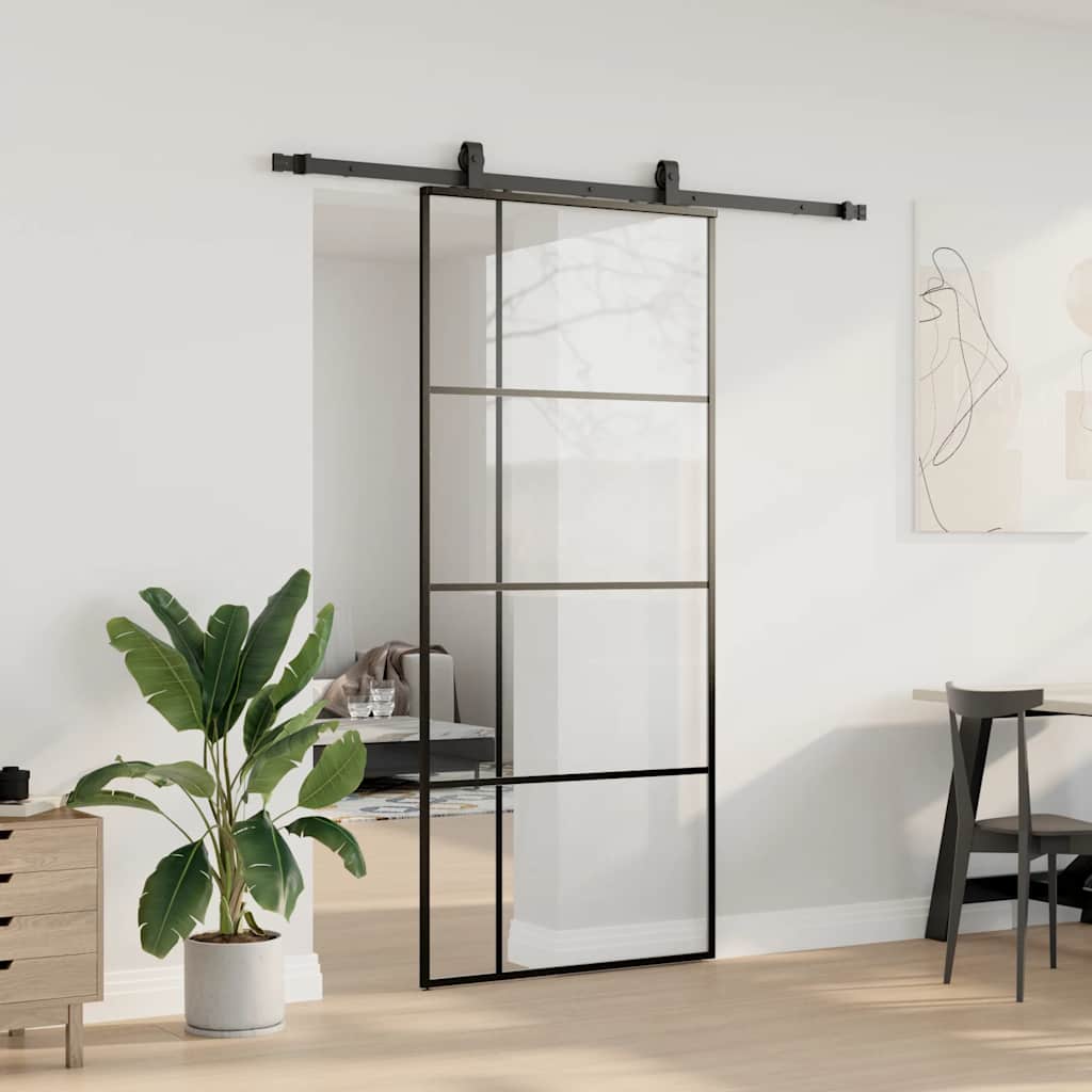 Schiebetür mit Beschlag Schwarz 76x205 cm ESG-Glas