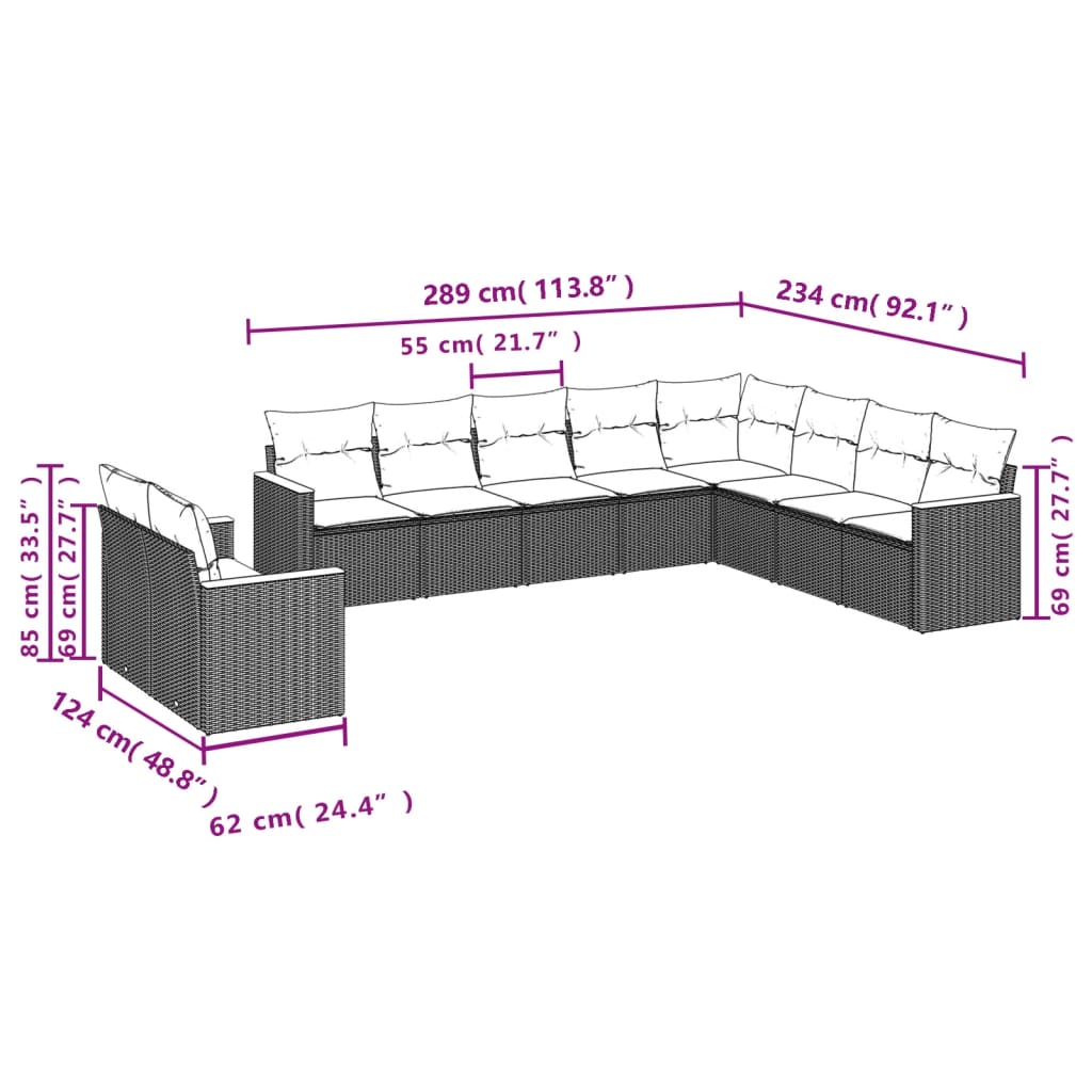 10-teiliges Gartensofa-Set mit Kissen, schwarzes Polyrattan