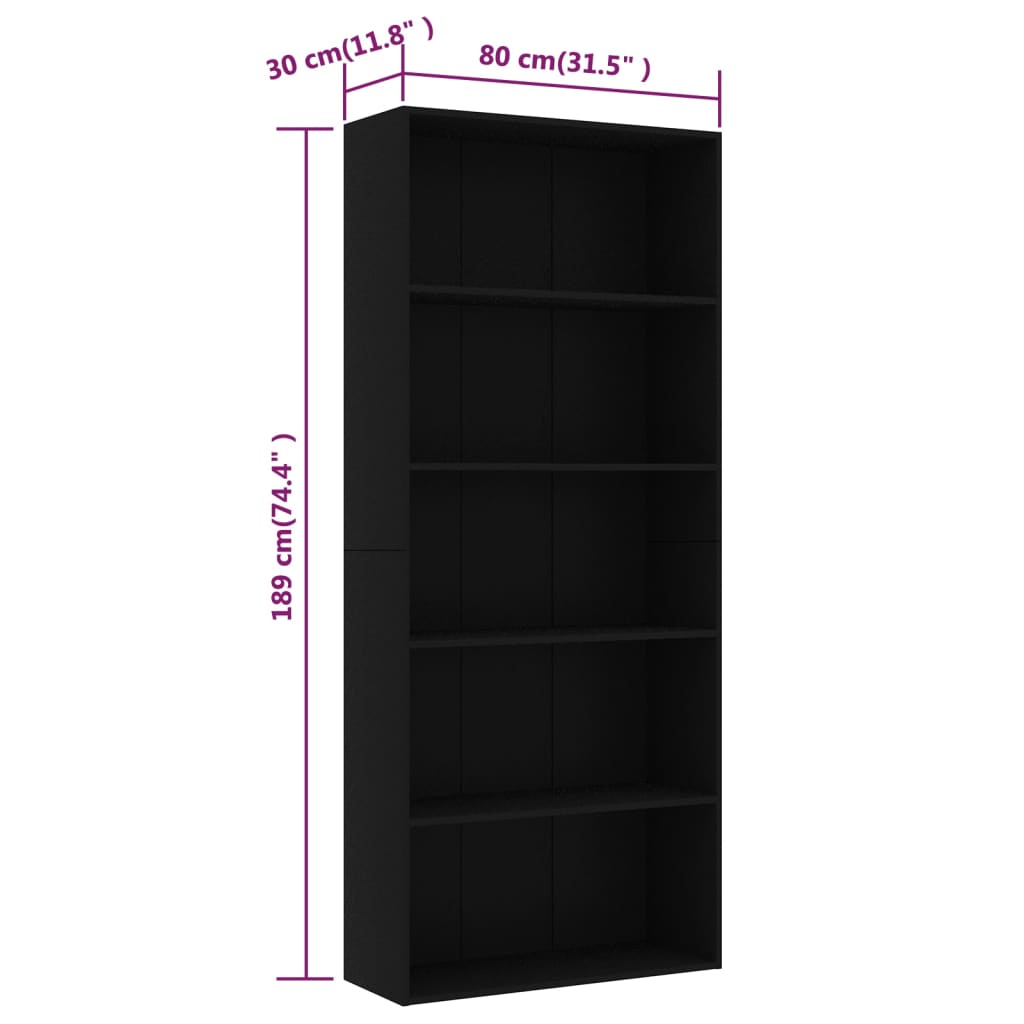 Bücherregal Schwarz Eichen-Optik 80x30x189 cm Holzwerkstoff