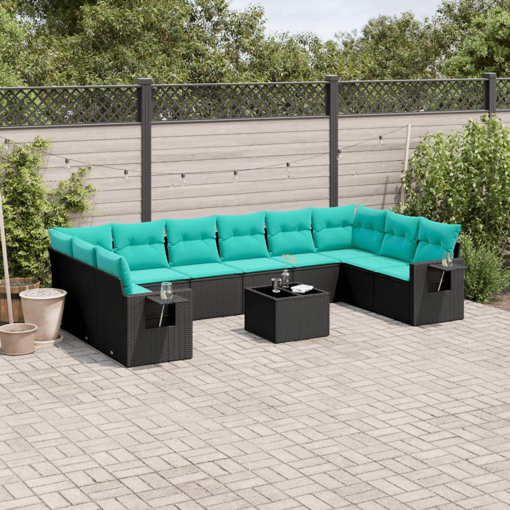 10-teiliges Gartensofa-Set mit Kissen, schwarzes Polyrattan