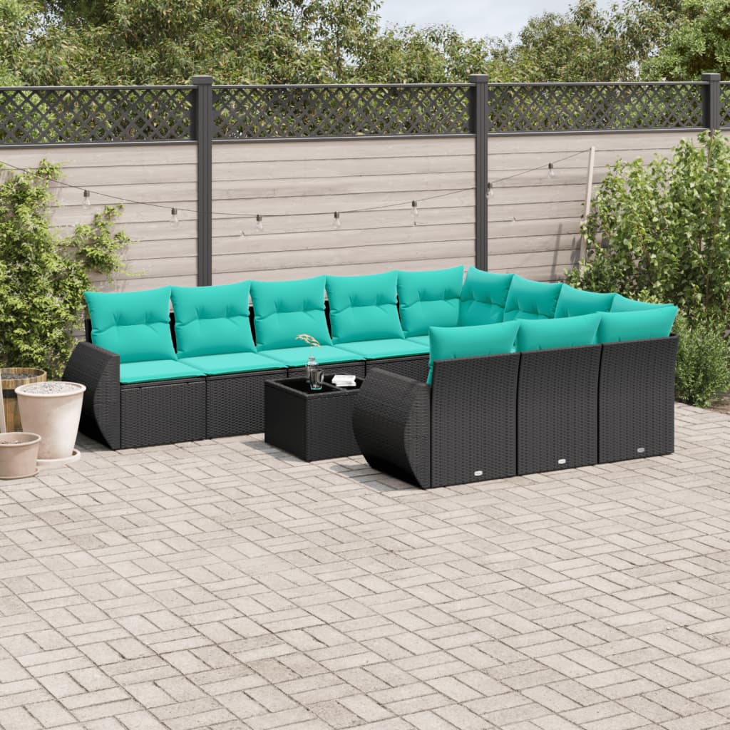 10-teiliges Gartensofa-Set mit Kissen, schwarzes Polyrattan
