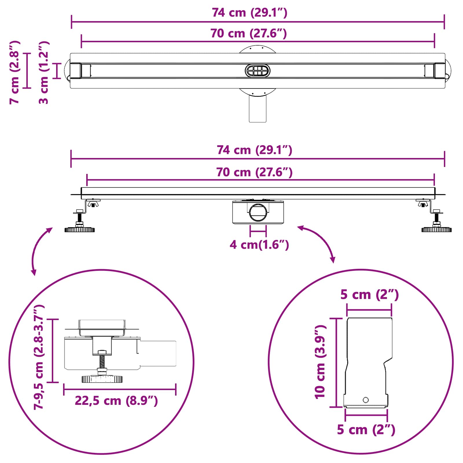 360° Duschablauf mit slim Modell Silber 50 cm Edelstahl 304