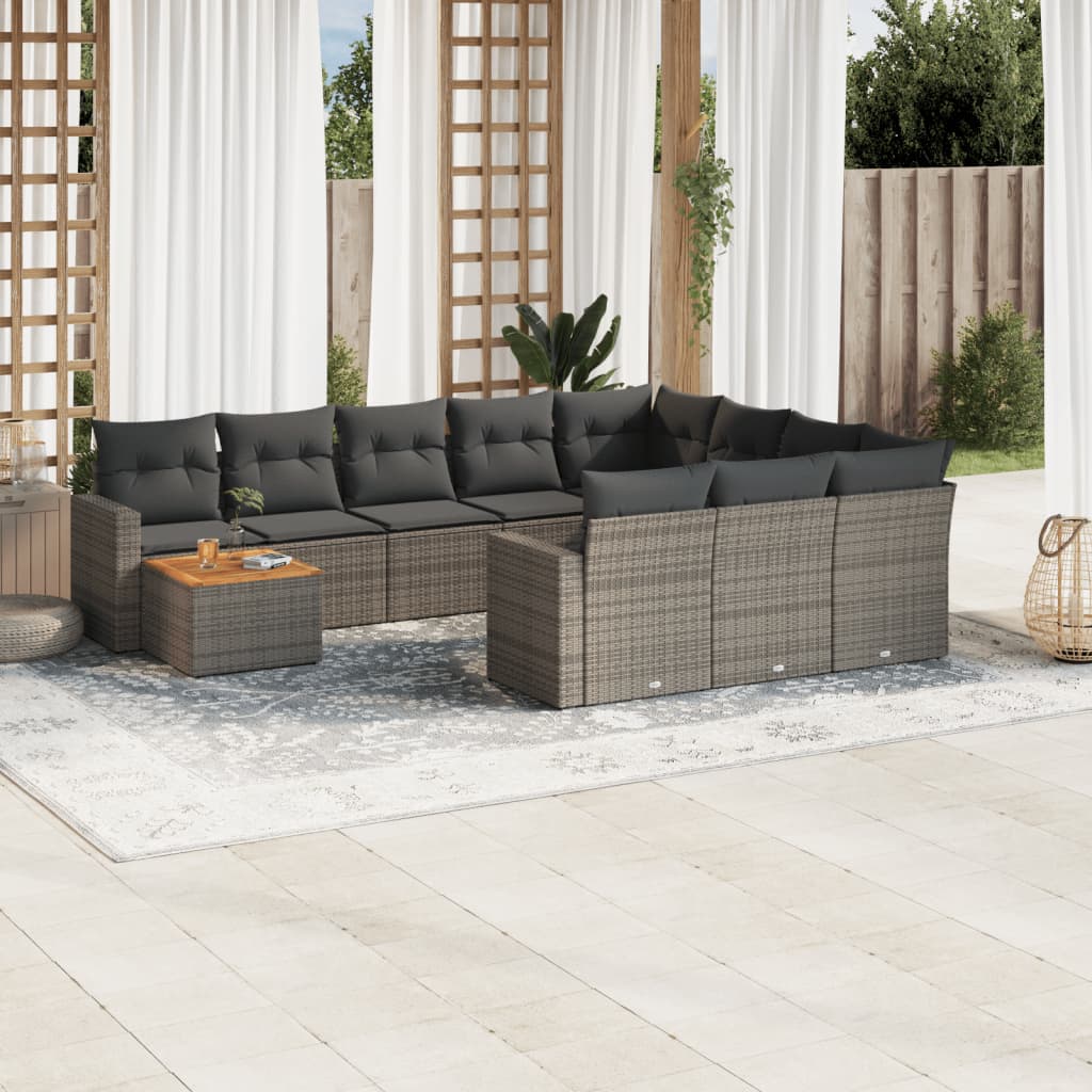 11-tlg. Garten-Sofagarnitur mit Kissen Schwarz Poly Rattan