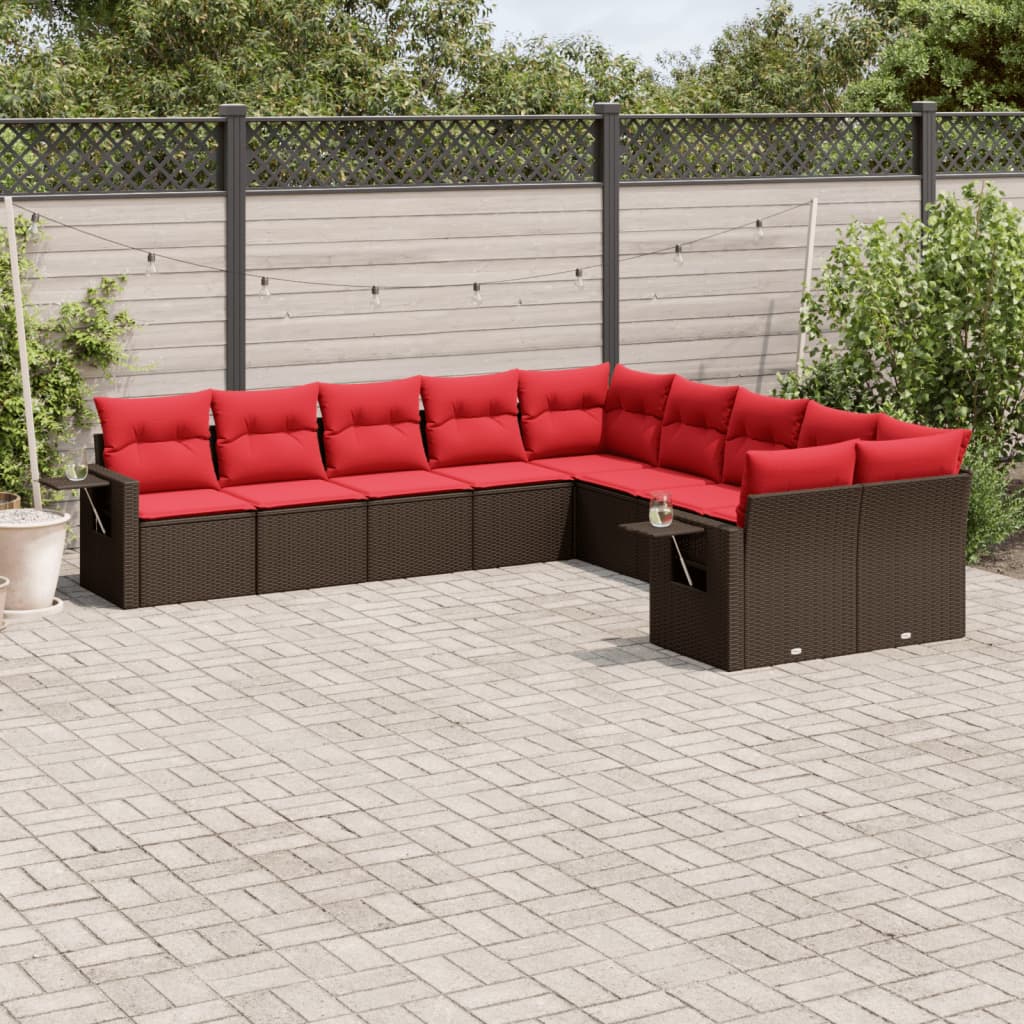 10-teiliges Gartensofa-Set mit Kissen, schwarzes Polyrattan