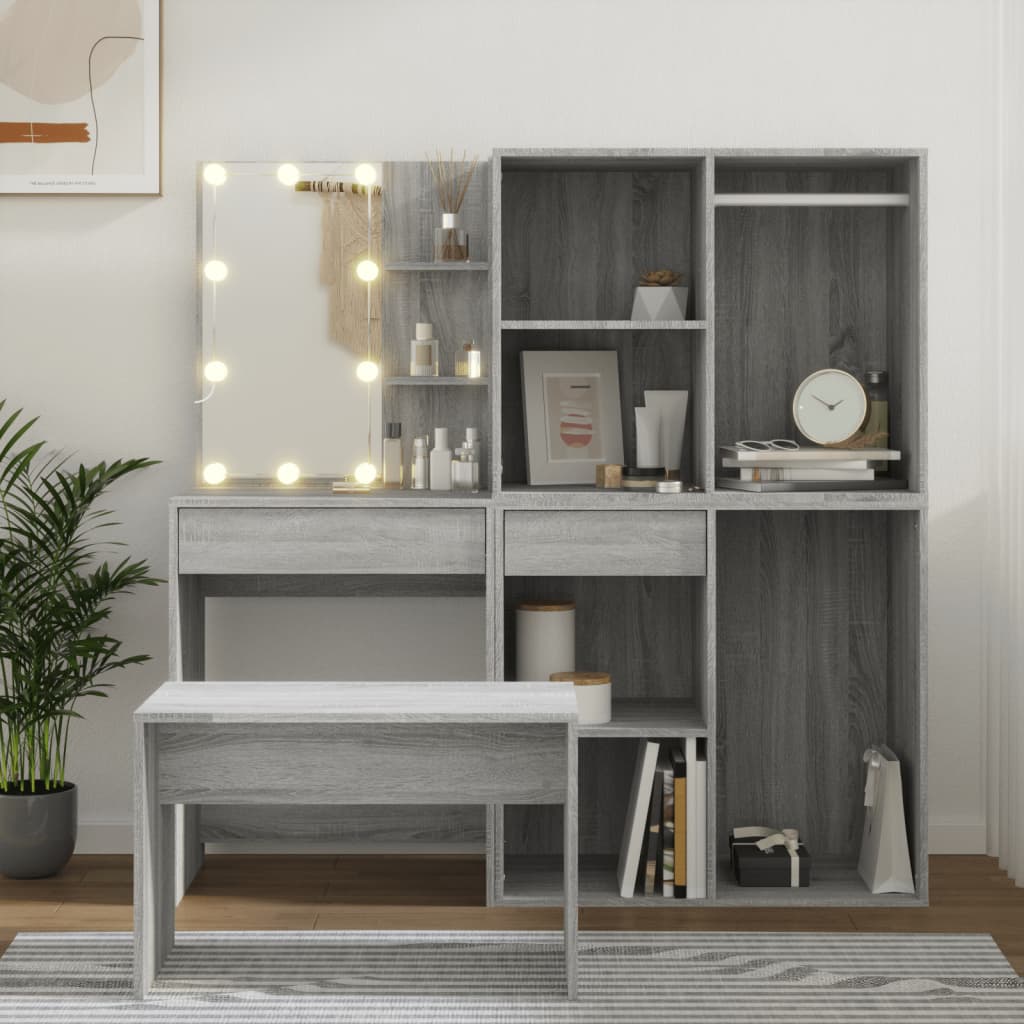 Schminktisch-Set mit LED Weiß Holzwerkstoff