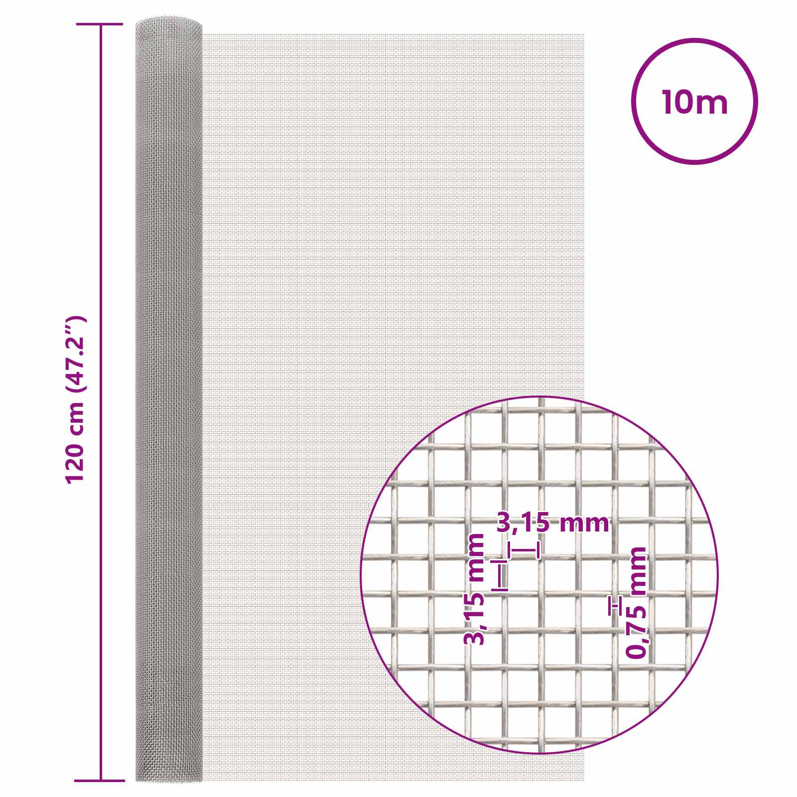 Mesh Bildschirm 20 x 500 cm 20 Mesh Edelstahl 201 Silber