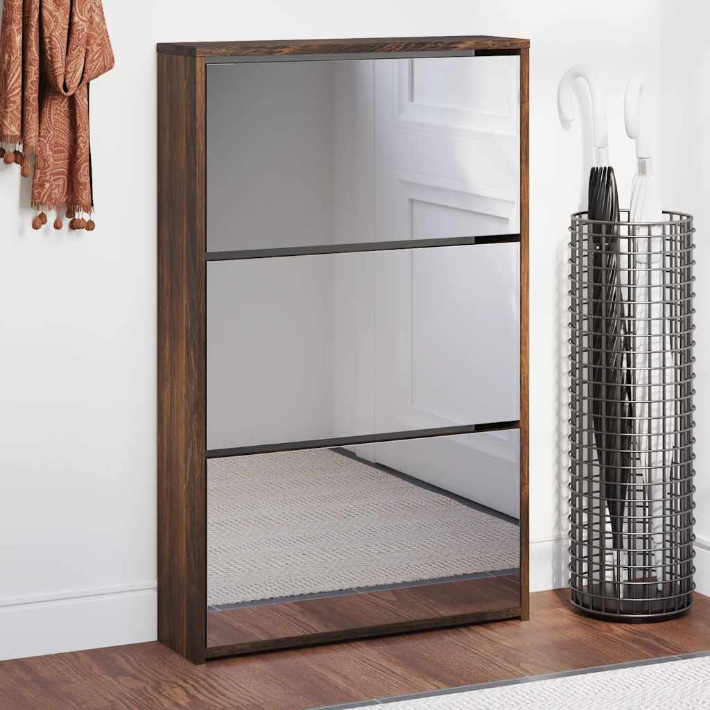 Schuhschrank mit 2 Fächern Spiegel Eiche-Optik 63x17x67 cm