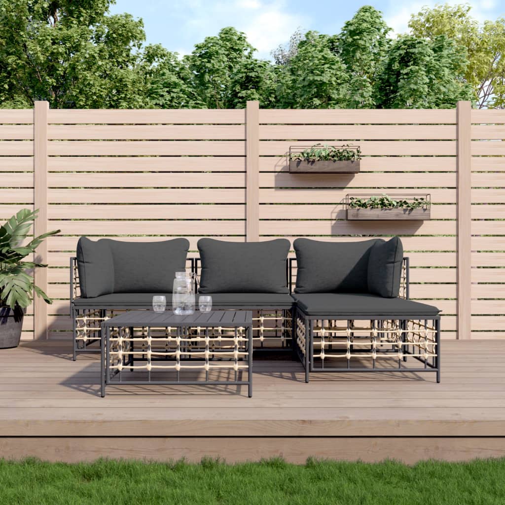 5-tlg. Garten-Lounge-Set mit Kissen Anthrazit Poly Rattan
