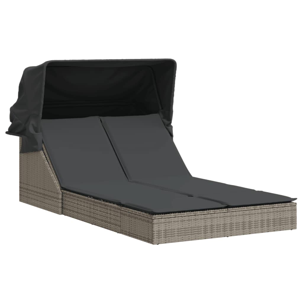 Doppel-Sonnenliege mit Dach und Auflagen Braun Poly Rattan