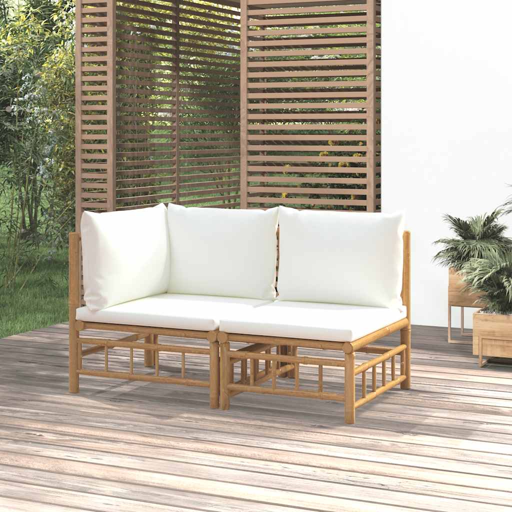 3-tlg. Garten-Lounge-Set mit Kissen Creme Bambus