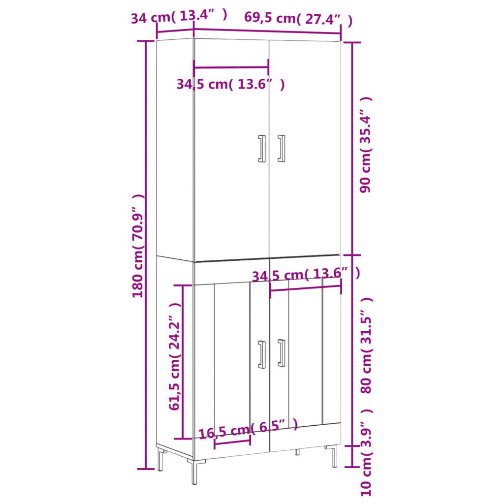 Highboard Betongrau 69,5x34x180 cm Holzwerkstoff