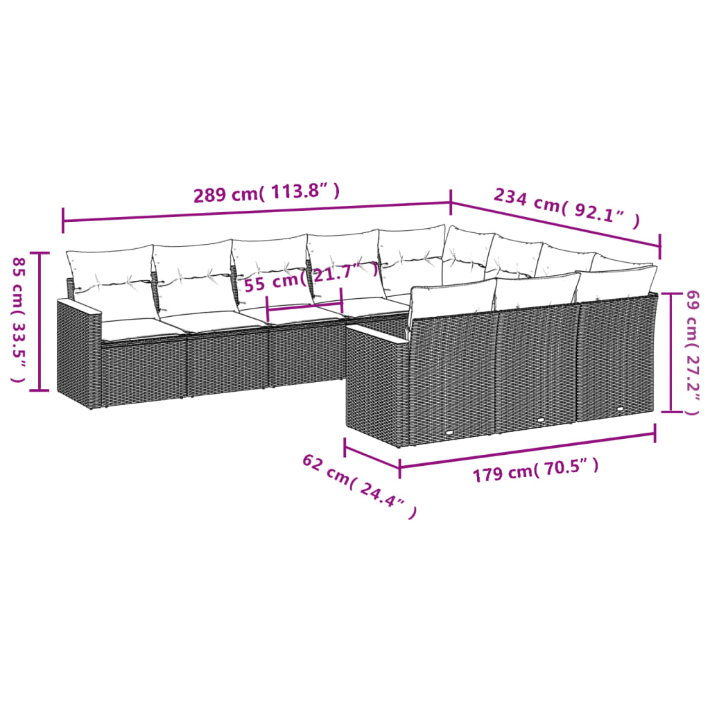 10-teiliges Gartensofa-Set mit Kissen, schwarzes Polyrattan