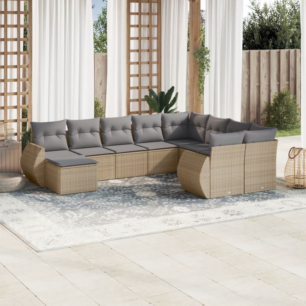 10-tlg. Garten-Sofagarnitur mit Kissen Schwarz Poly Rattan