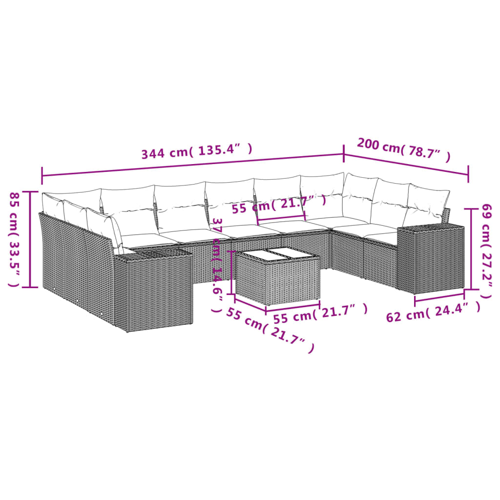 10-teiliges Gartensofa-Set mit Kissen, schwarzes Polyrattan