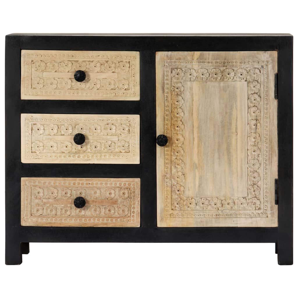 Beistellschrank Handgeschnitzt Grau 75x35x60cm Massivholz Mango