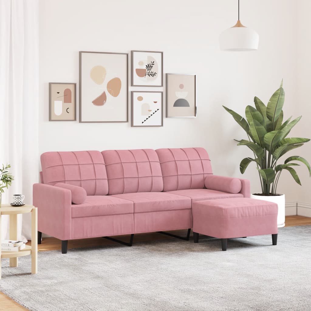 3-Sitzer-Sofa mit Hocker Hellgrau 180 cm Samt
