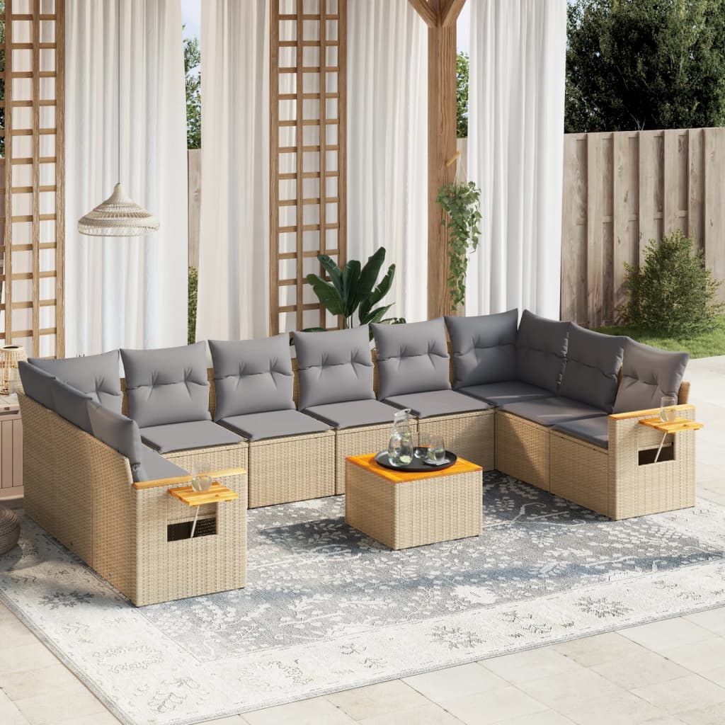 10-tlg. Garten-Sofagarnitur mit Kissen Schwarz Poly Rattan
