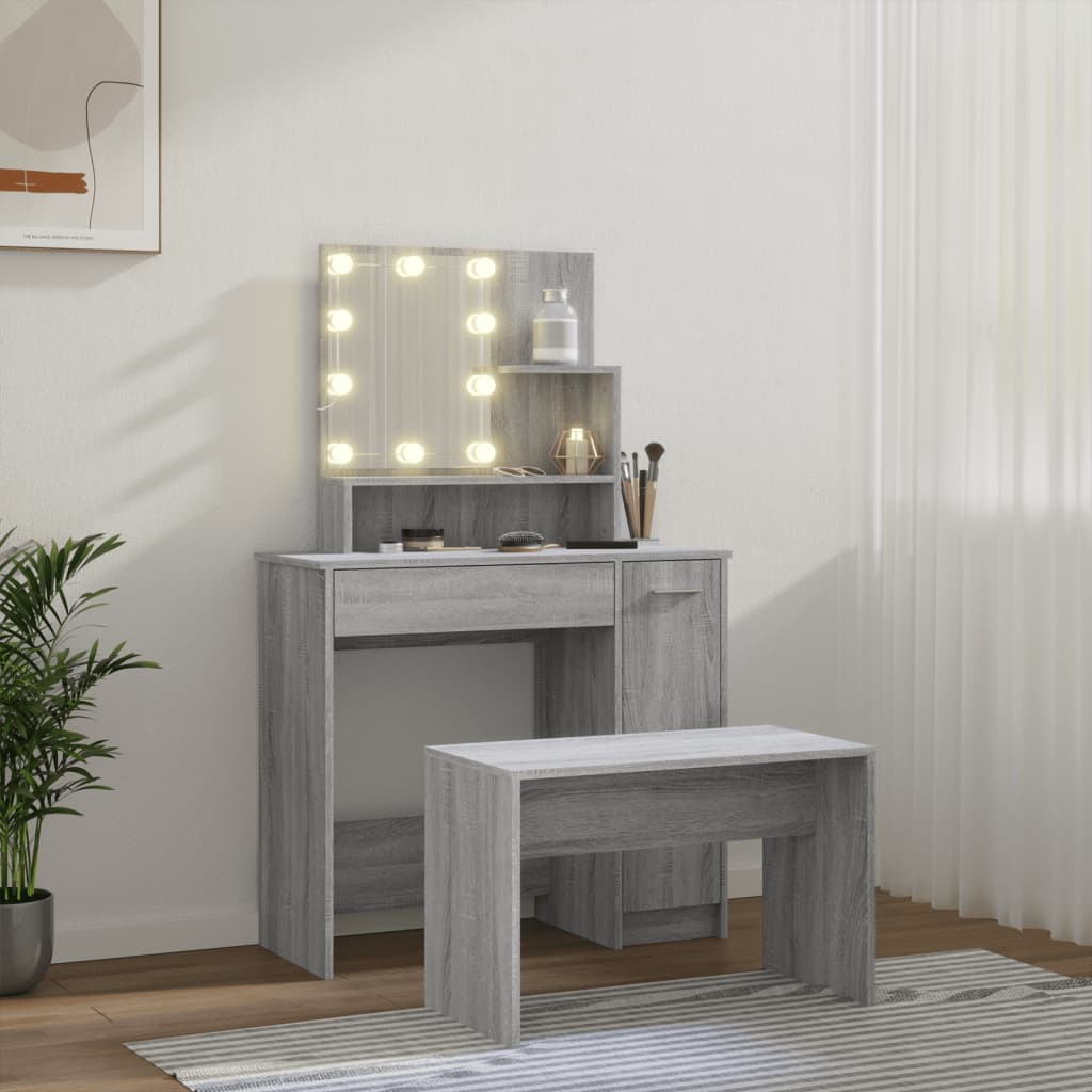 Schminktisch-Set mit LED Weiß Holzwerkstoff