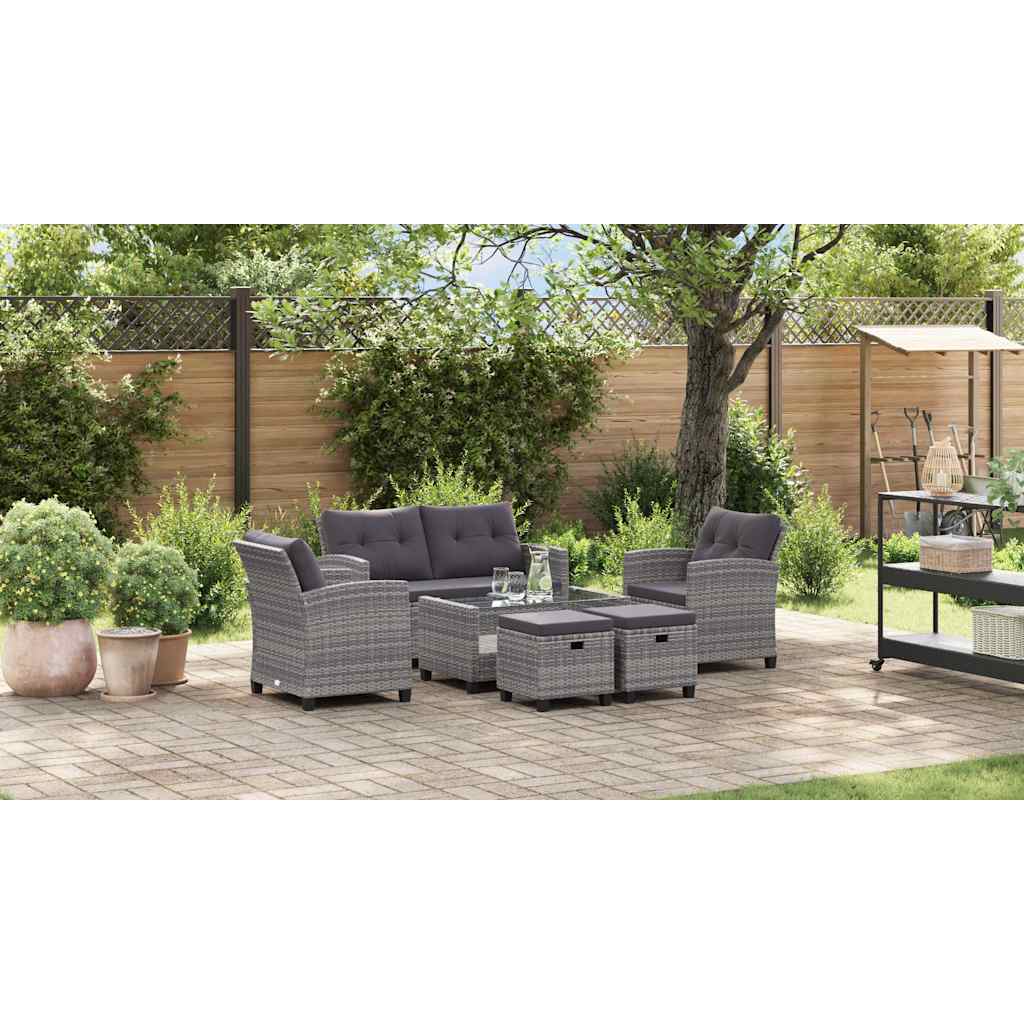 6-tlg. Garten-Sofagarnitur mit Auflagen Poly Rattan Dunkelgrau