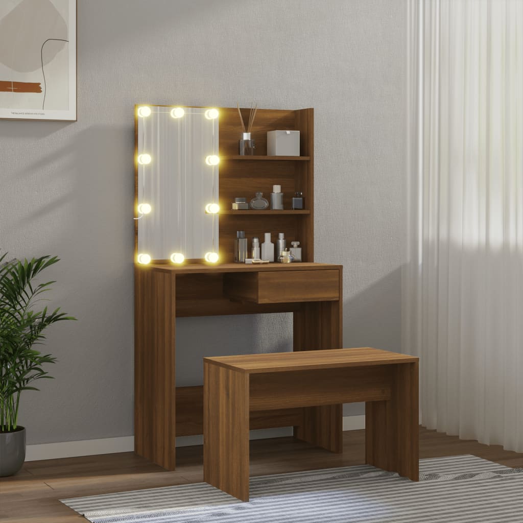 Schminktisch-Set mit LED Weiß Holzwerkstoff