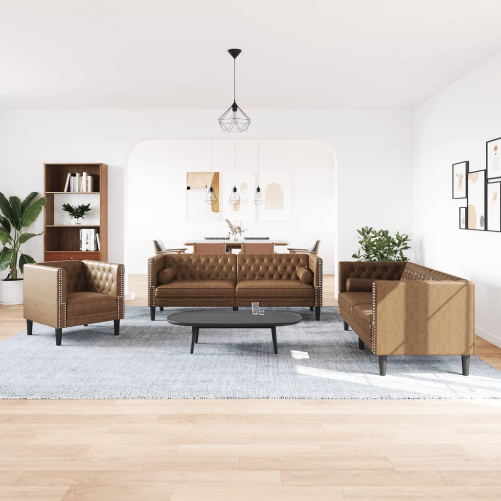 3-tlg. Chesterfield-Sofa-Set mit Nackenrollen Hellgrau Samt