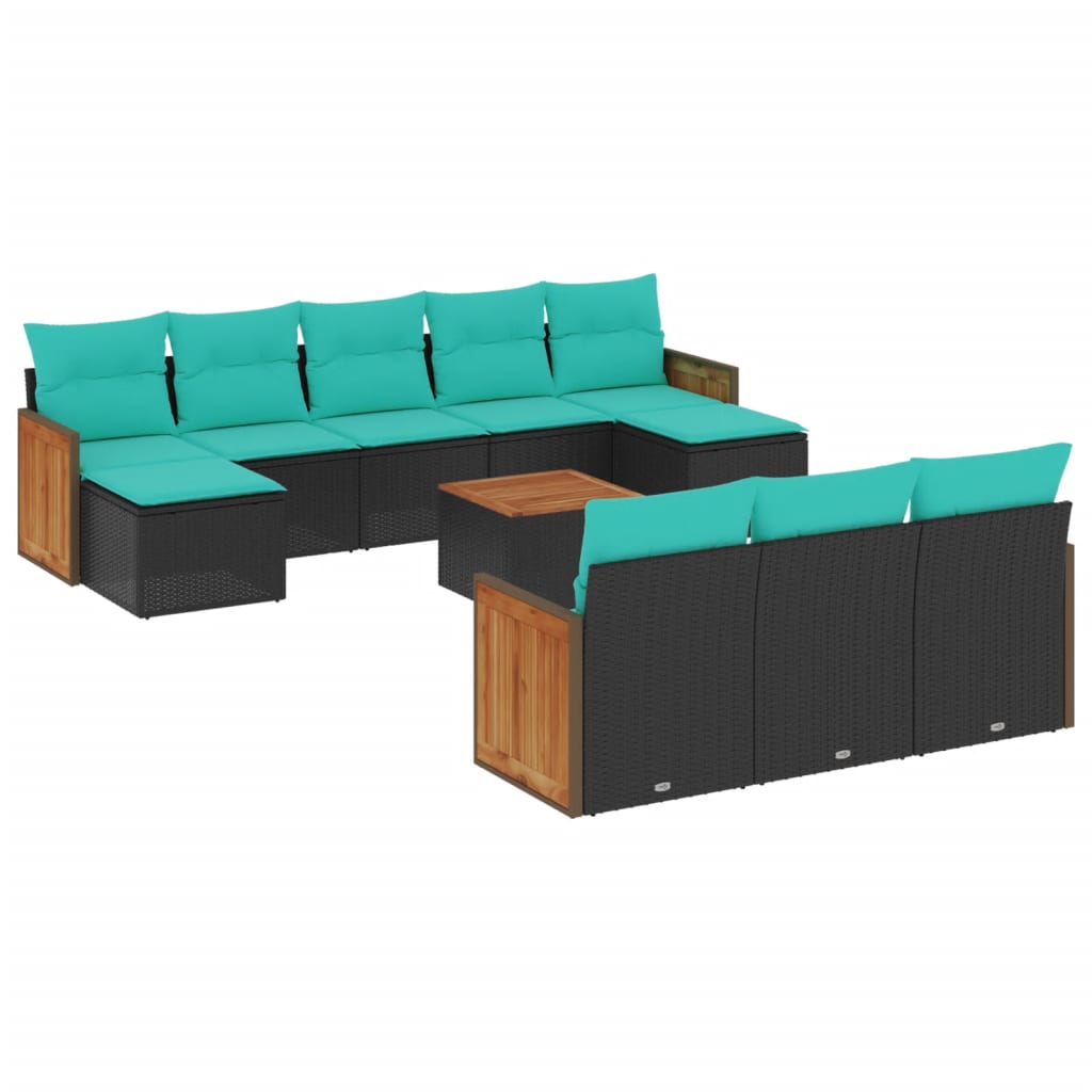 10-teiliges Gartensofa-Set mit Kissen, schwarzes Polyrattan