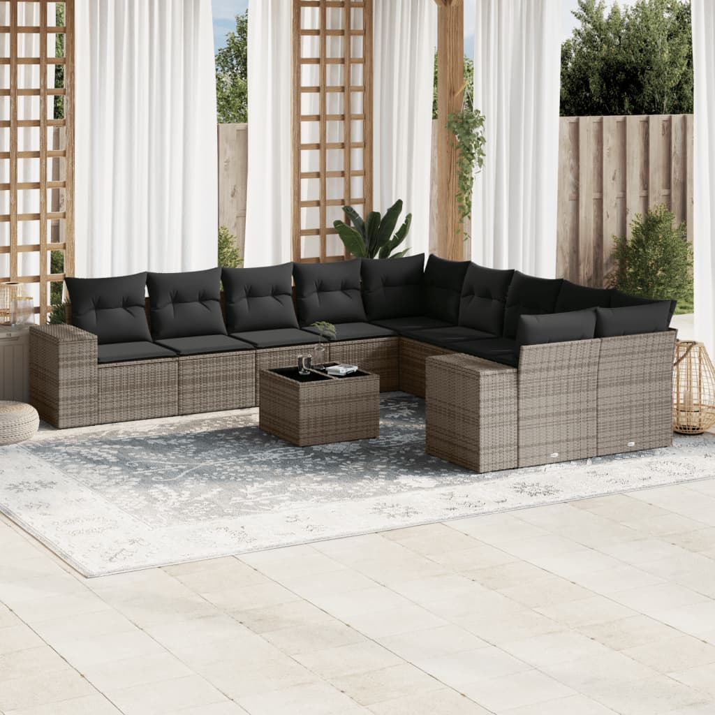 10-tlg. Garten-Sofagarnitur mit Kissen Schwarz Poly Rattan