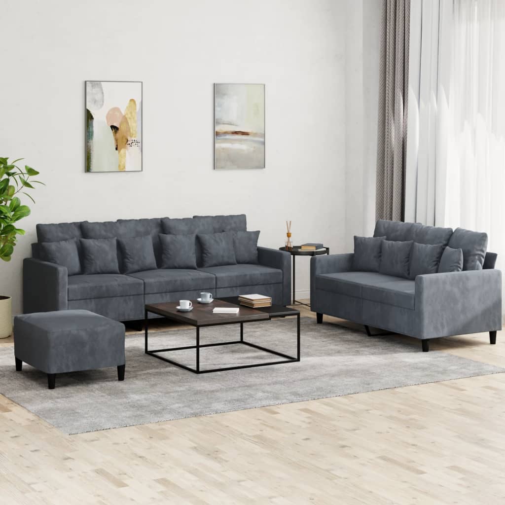 3-tlg. Sofagarnitur mit Kissen Dunkelgrün Samt