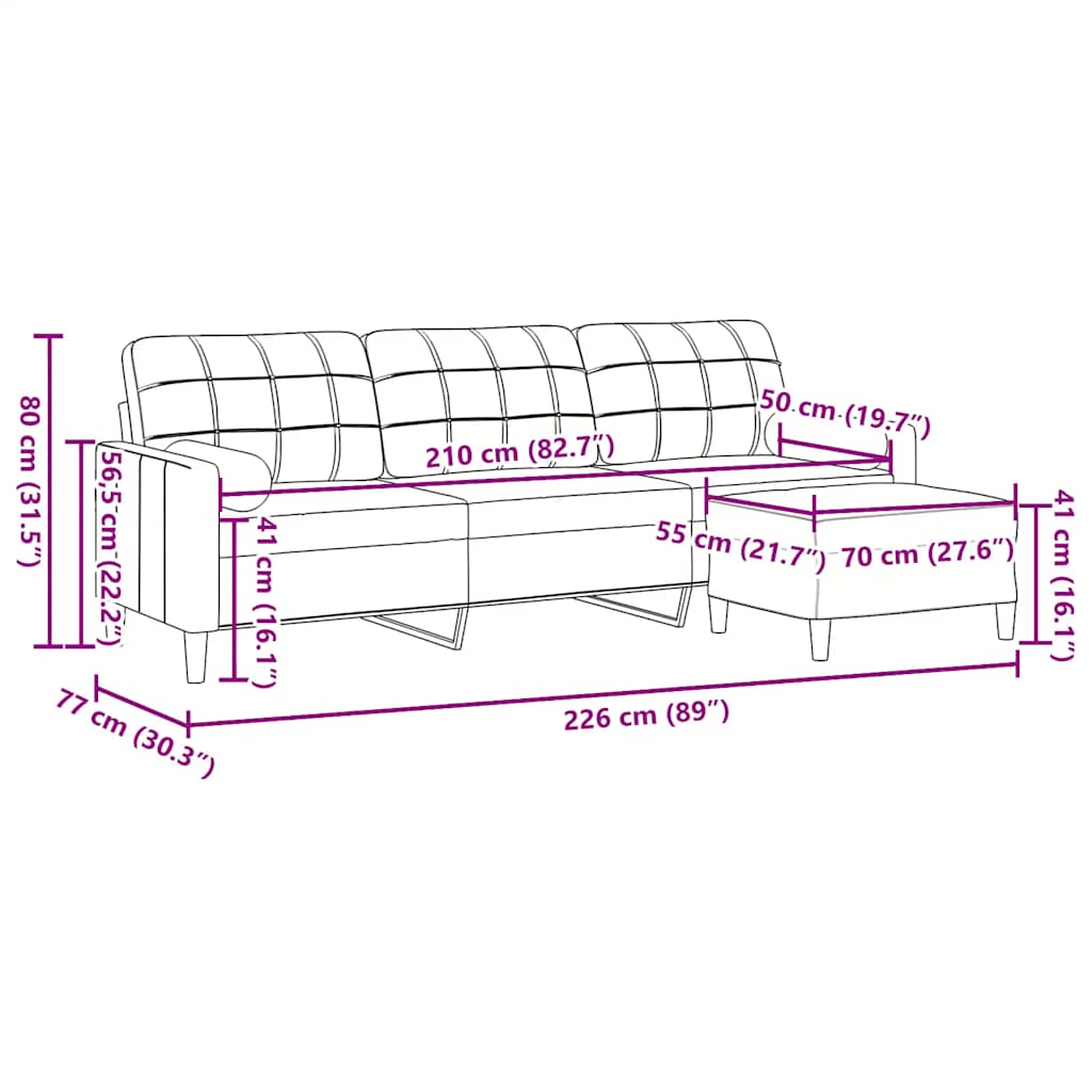 3-Sitzer-Sofa mit Hocker Hellgrau 180 cm Samt