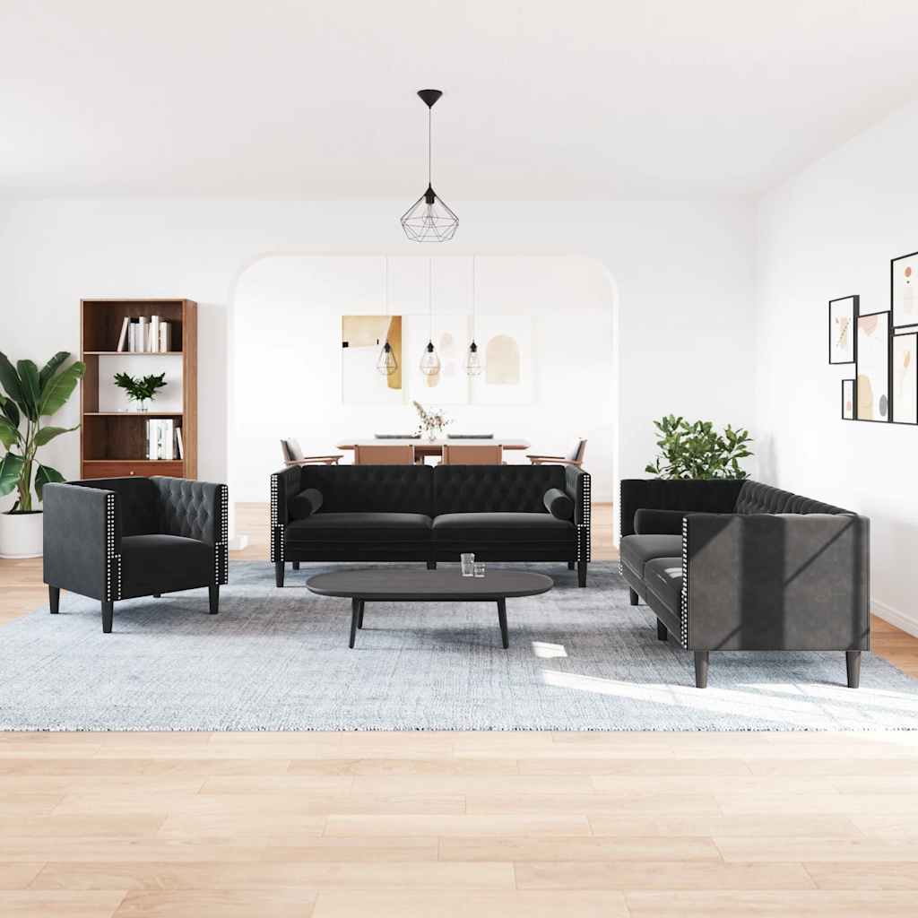 3-tlg. Chesterfield-Sofa-Set mit Nackenrollen Hellgrau Samt