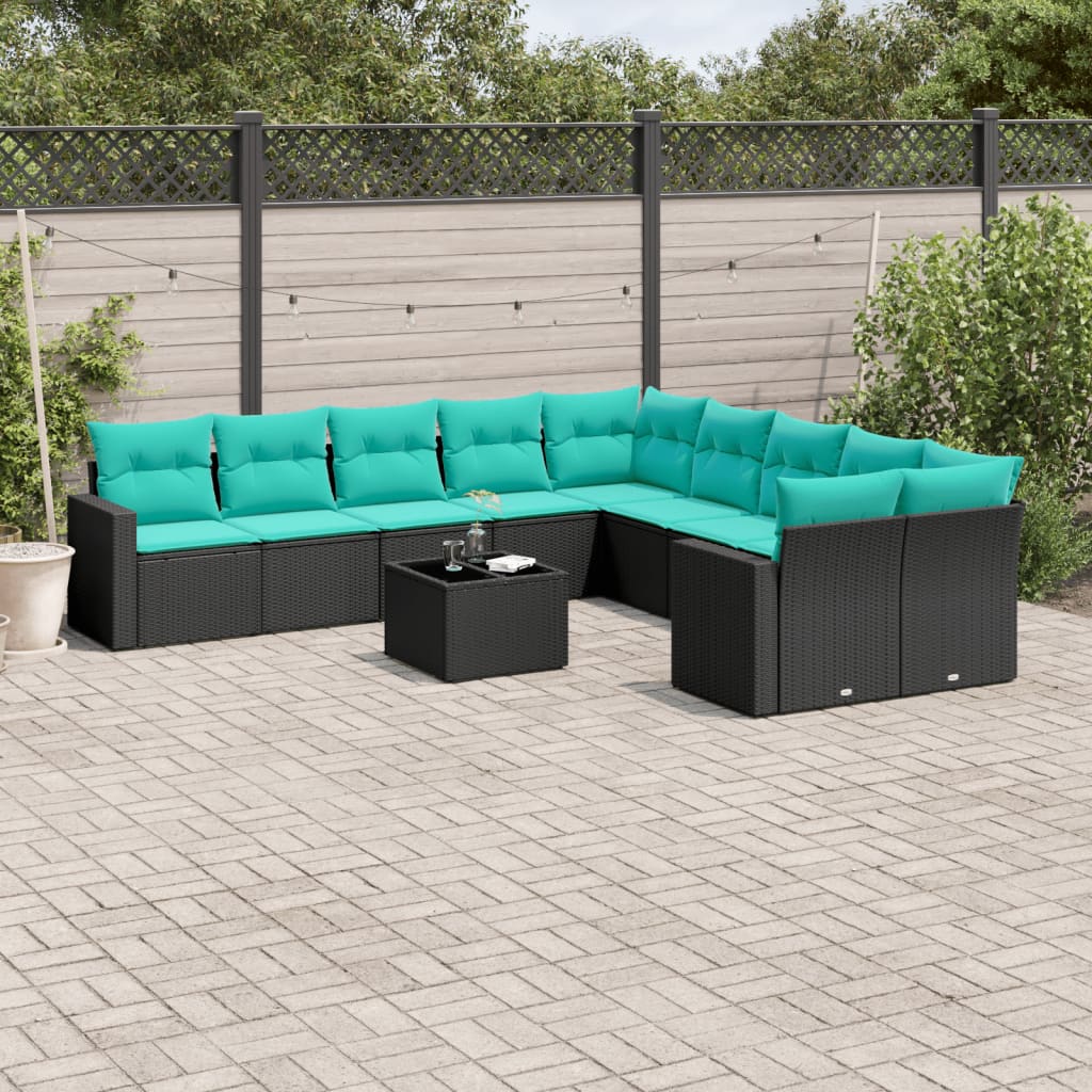 10-tlg. Garten-Sofagarnitur mit Kissen Schwarz Poly Rattan