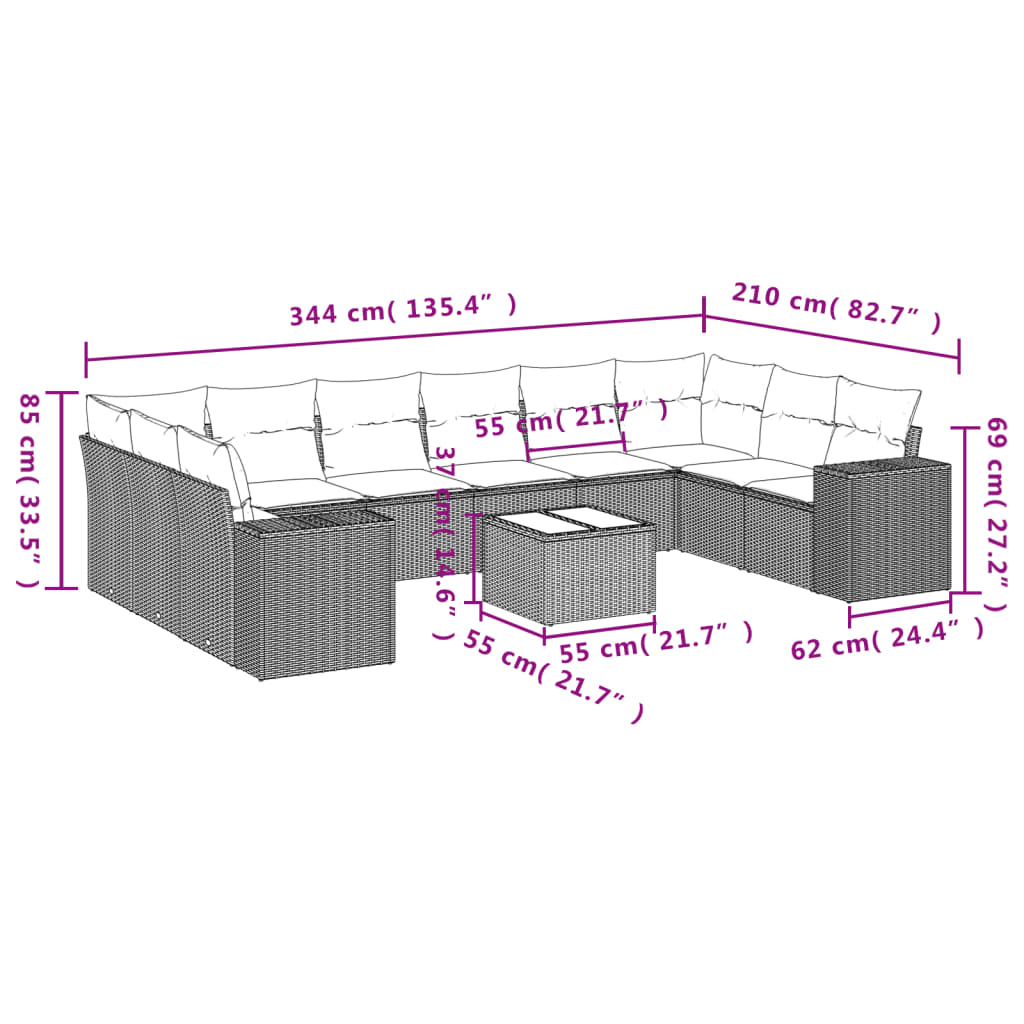 10-tlg. Garten-Sofagarnitur mit Kissen Schwarz Poly Rattan