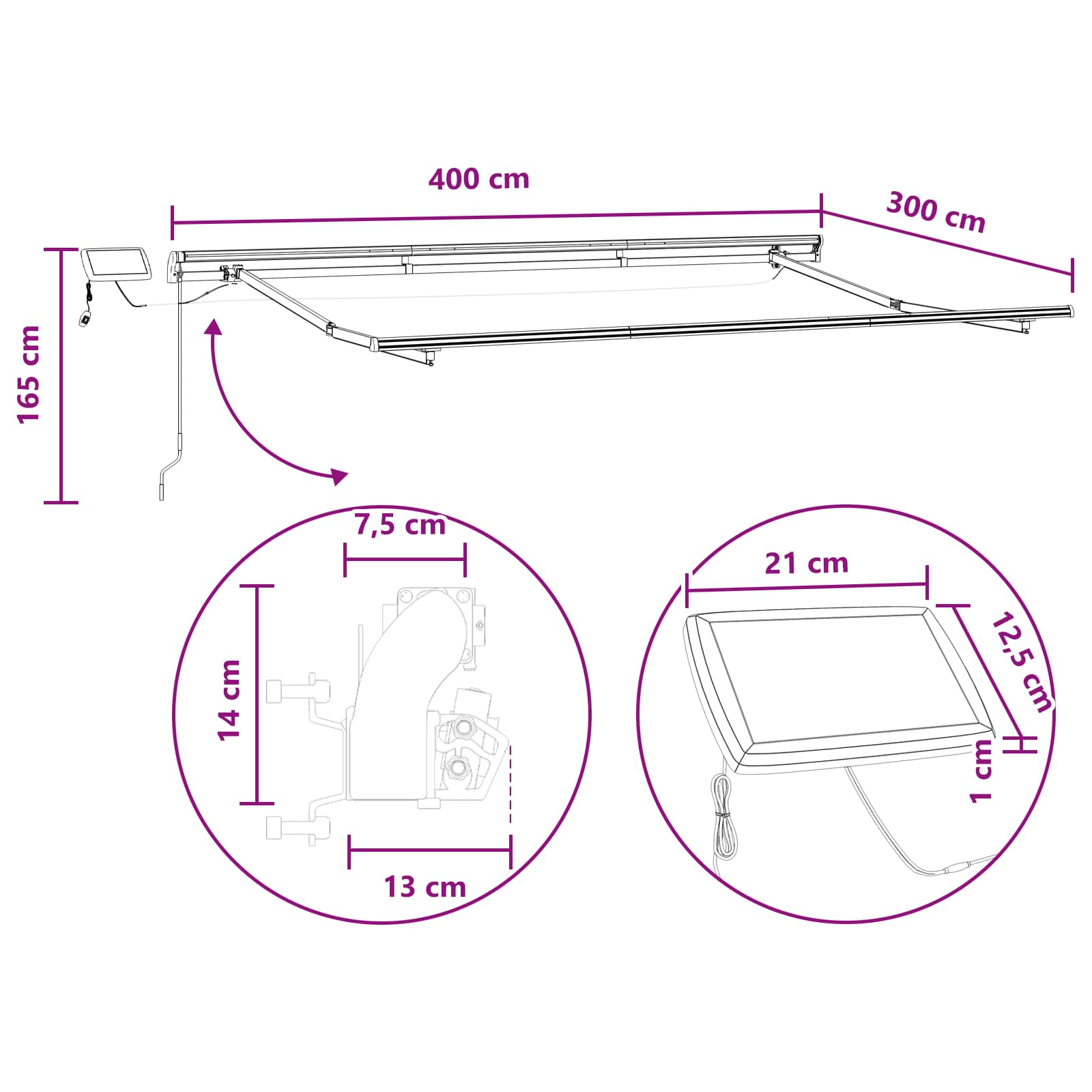 Markise Manuell Einziehbar mit LED 300x250 cm Blau und Weiß
