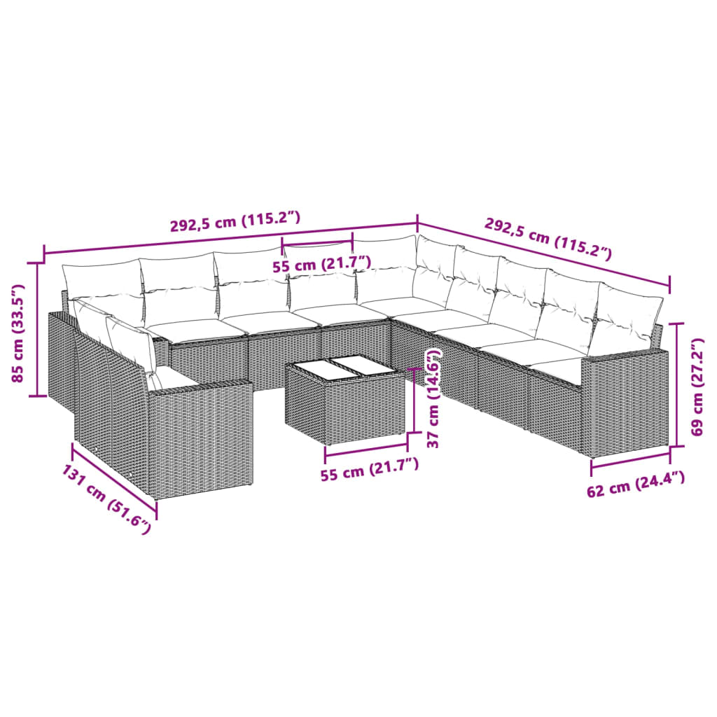 11-tlg. Garten-Sofagarnitur mit Kissen Schwarz Poly Rattan