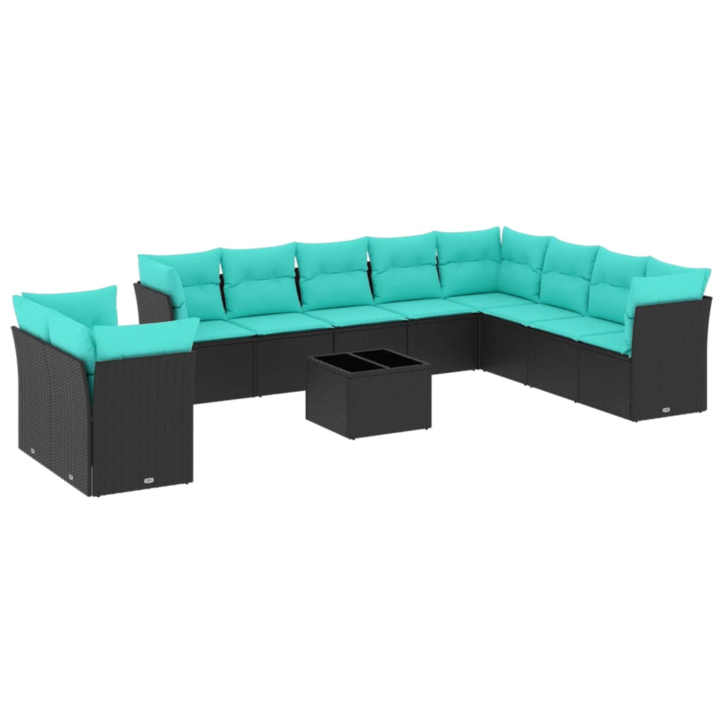 10-teiliges Gartensofa-Set mit Kissen, schwarzes Polyrattan
