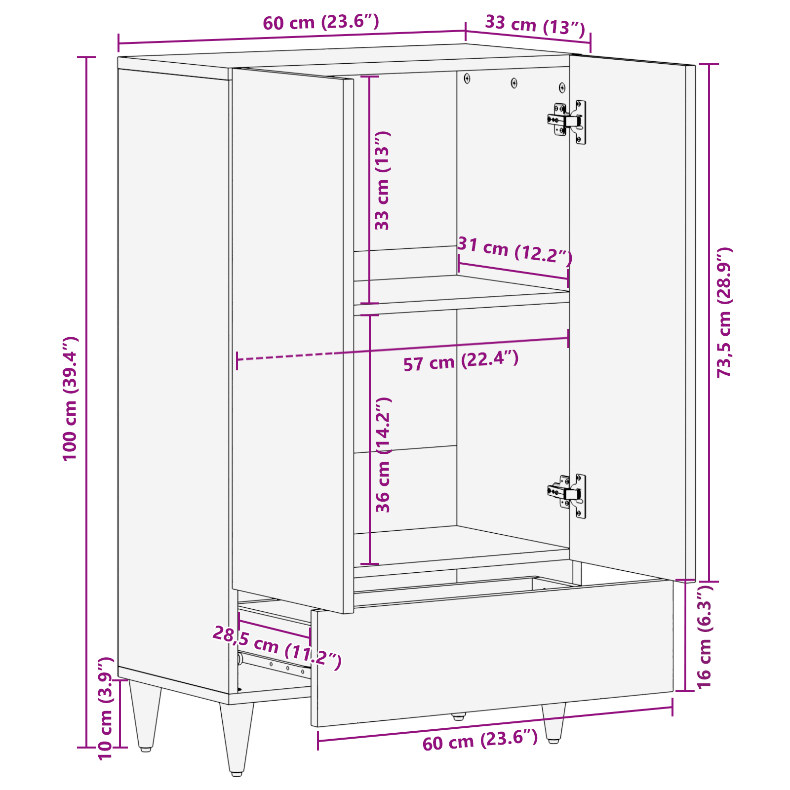 Highboard Grau und Gold 60 x 33 x 100 cm Massivholz Mango