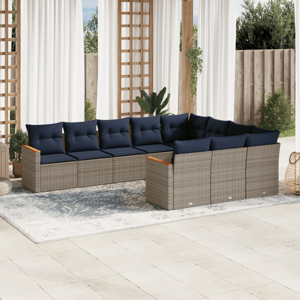 10-teiliges Gartensofa-Set mit Kissen, schwarzes Polyrattan