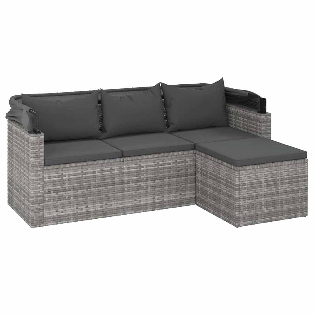 3-Sitzer-Gartensofa mit Dach und Fußhocker Schwarz Poly Rattan